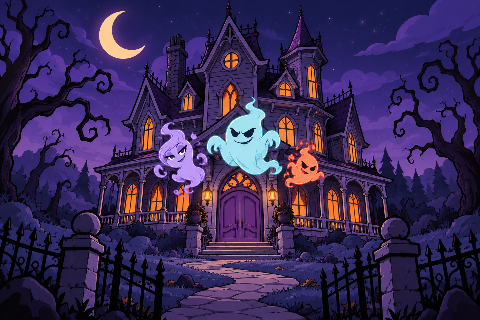 A cartoon haunted house with three mischievous ghosts